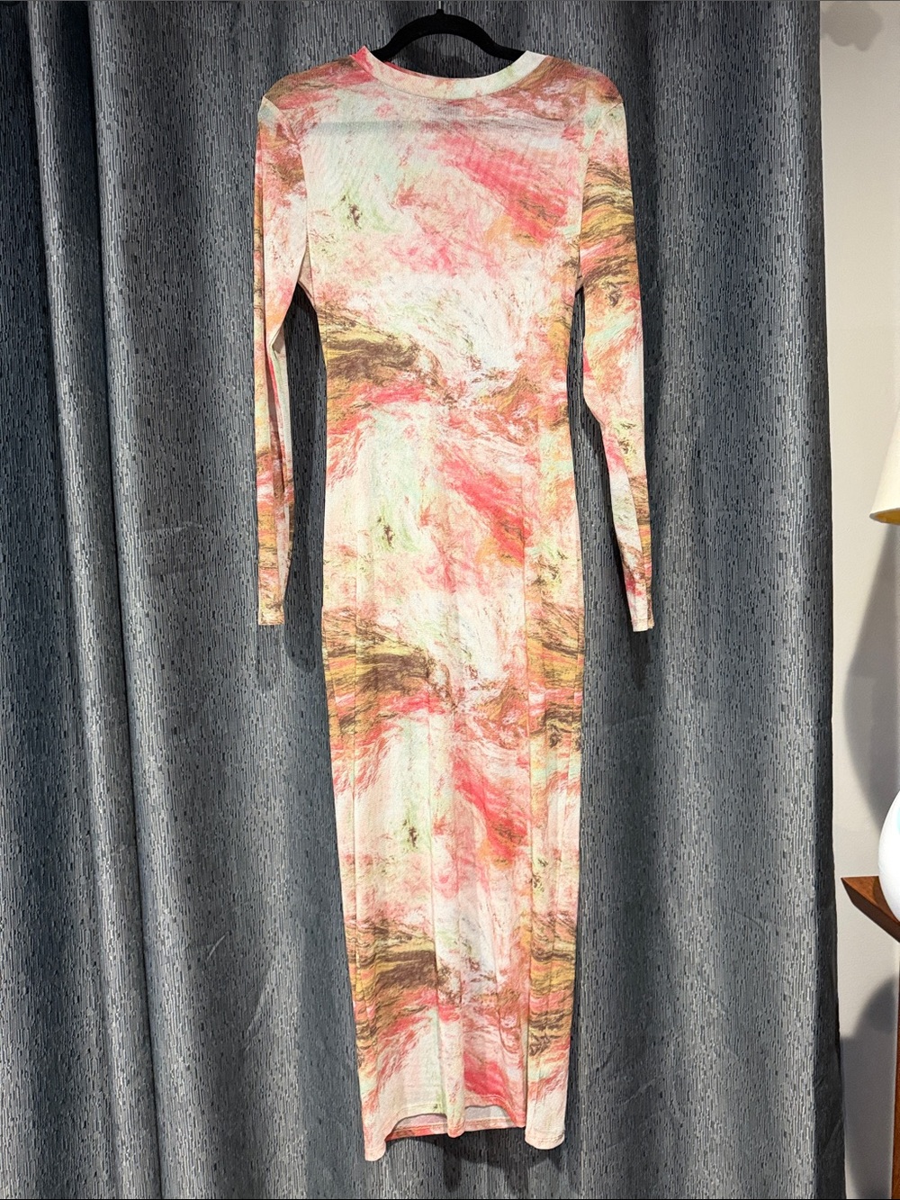 Women’s Long Sleeve Sheer Marble-Print Maxi Dress in Pink and Cream